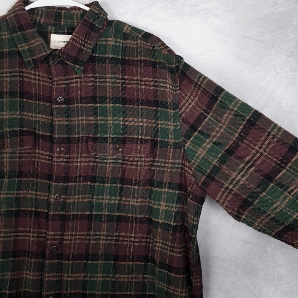Lucky Brand Flannel Shirt Mens Large Green Burgundy Plaid Button Up Heavyweight - Picture 6 of 16